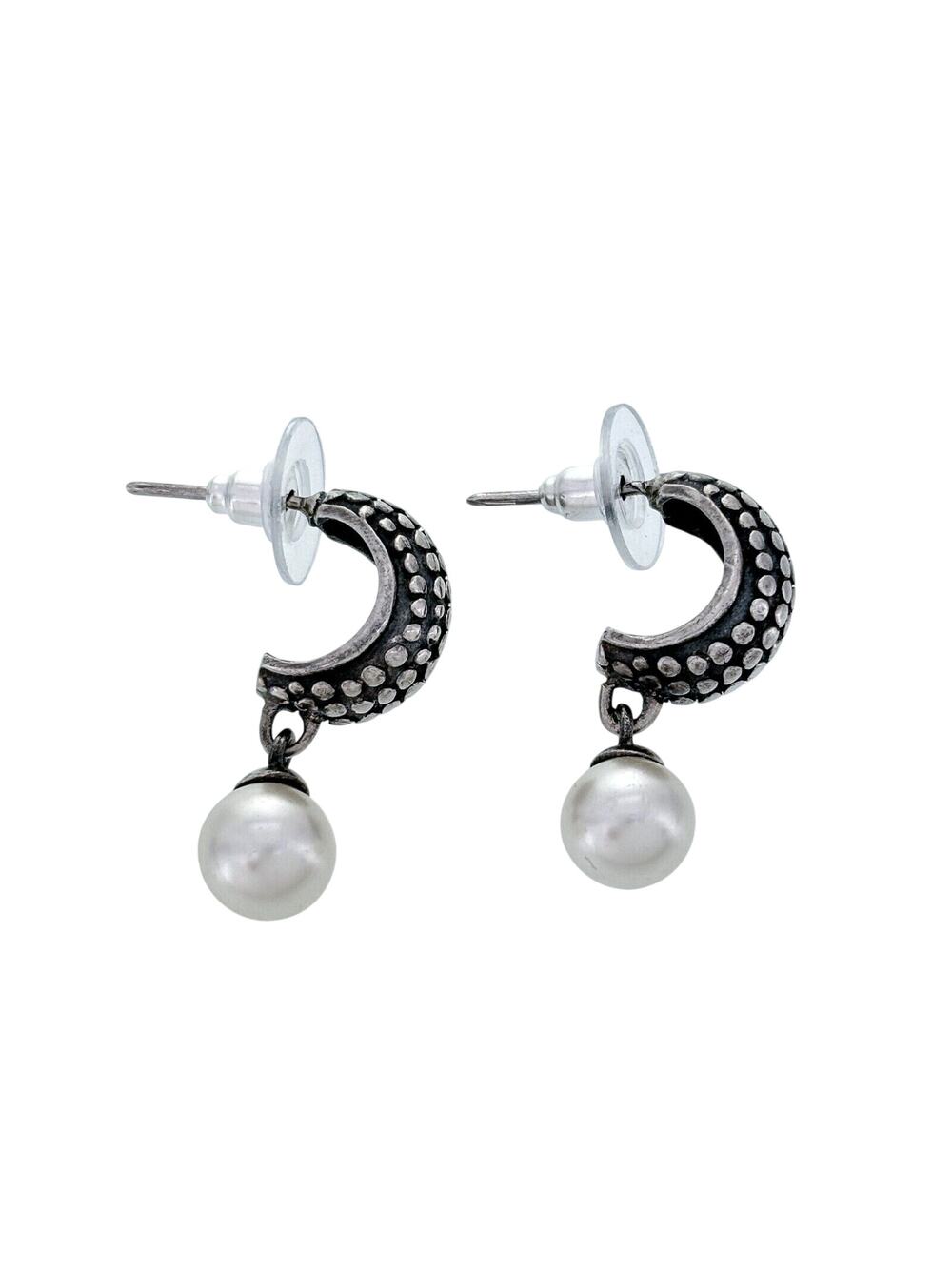 Vintage Sterling Silver 925 Hobnail Detail Imitation Pearl Drop Earrings